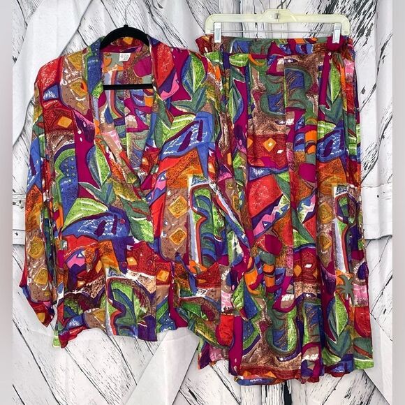 VTG 90s Abstract Artsy Palazzo Pant Set/Suit M - Picture 1 of 12